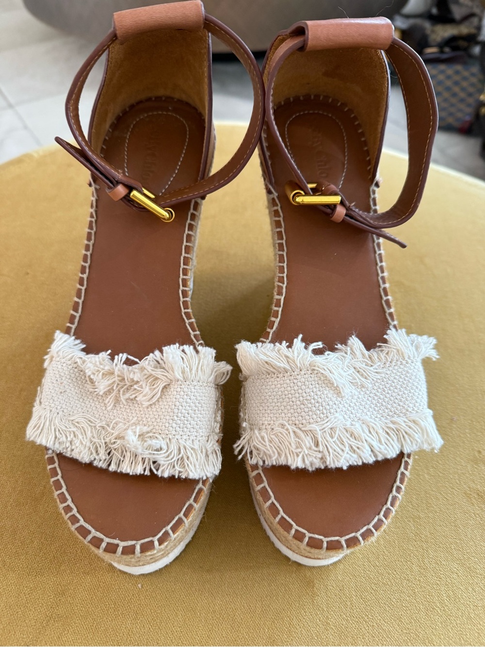 See by Chloé Tan Leather Espadrille Wedge Sandals with Cream Fringed Strap